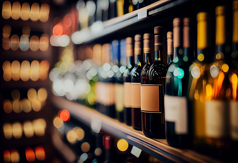 Wine bottles on a shelf in a liquor store